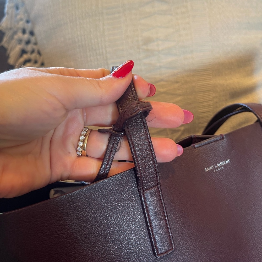 YSL Saint Laurent Large Calfskin Fringe Shopping Tote Bag Maroon - Picture 7 of 15